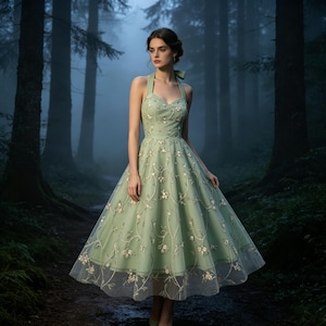May include: A sage green midi dress featuring a halter neckline and a full, flared skirt. The dress is adorned with delicate white floral embroidery and vine patterns throughout the fabric, with a sheer overlay layer on the skirt portion.