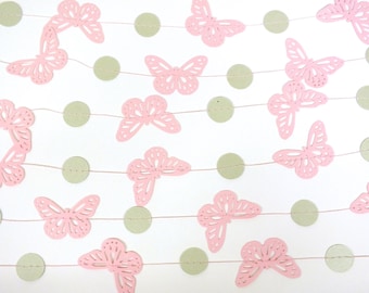 Shabby Chic Butterfly Paper Garland, Pink and Sage Green Batterflies, Bridal Shower, Baby Shower, Party Decorations, Birthday Decoration