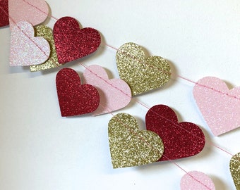 Valentines Day Decor, Heart Glitter Paper Garland, Gold Pink Red, Bridal Shower, Baby Shower, Party Decorations, Birthday Decor