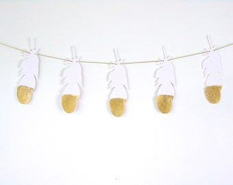 Feather Garland, Gold and White, Glitter Paper Garland