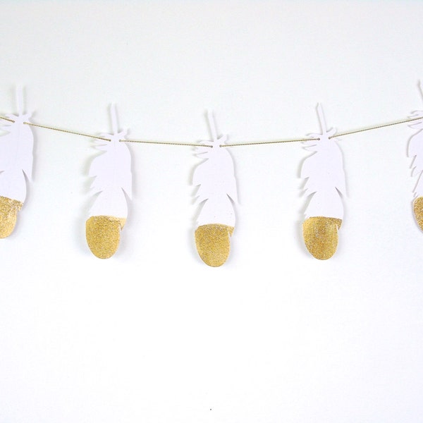 Feather Garland, Gold and White, Glitter Paper Garland