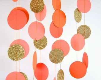 Orange Party, Paper Garland in Orange, Coral, Tangerine and Gold, Double-Sided, Bridal Shower, Party Decorations, Birthday Decoration