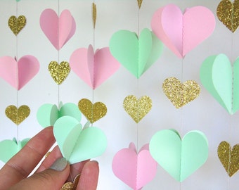Hearts Paper Garland in  Blush, Mint and Gold, Double-Sided, 3D Garland, Bridal Shower, Baby Shower, Party Decorations, Birthday Decor