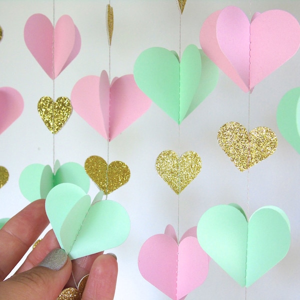 Hearts Paper Garland in  Blush, Mint and Gold, Double-Sided, 3D Garland, Bridal Shower, Baby Shower, Party Decorations, Birthday Decor
