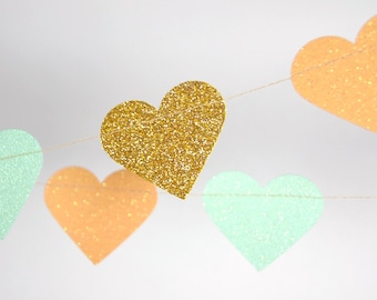 Hearts Glitter Paper Garland, Gold, Peach and Mint