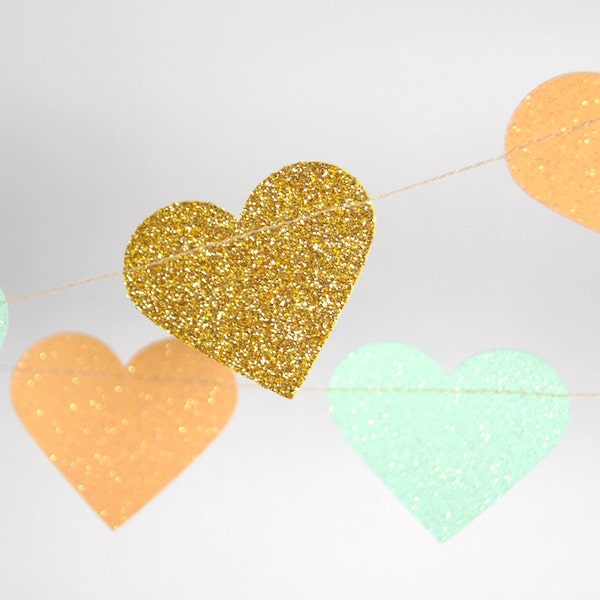 Hearts Glitter Paper Garland, Gold, Peach and Mint