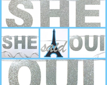 Bridal Shower Decoration, She Said Oui Silver Glitter Banner for Paris Themed Bridal Shower