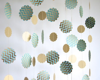 Chevron Paper Garland in Turquoise and Gold, Double-Sided, Bridal Shower, Baby Shower, Party Decorations, Birthday Decoration