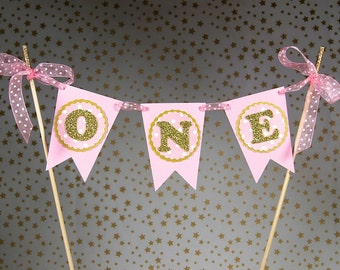 Adorno de torta bandera banderín, oro y rosa, oro y Blush, Baby Shower, decoración de cumpleaños, cumpleaños de rosa y oro, primer cumpleaños