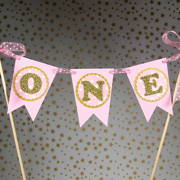 Pennant Flag Cake Topper, Gold and Pink, Gold and Blush, Baby Shower, Birthday Decor, Pink and Gold Birthday, First Birthday