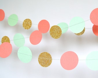 Coral, Mint and Gold Garland, Double-Sided, Bridal Shower, Baby Shower, Party Decorations,Birthday Decoration,Coral Mint Gold Party