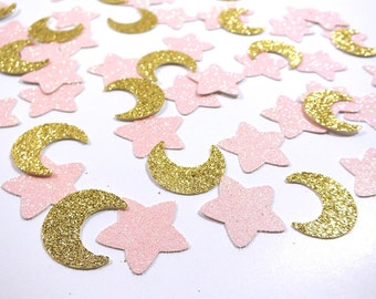 Moon and Stars Confetti, Moon and Stars Garland, Pink Gold Birthday