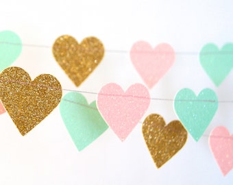 Corazones Glitter paper Garland en oro, blush y menta, doble cara, ducha de novia, ducha de bebé, decoraciones de fiesta, decoración de cumpleaños