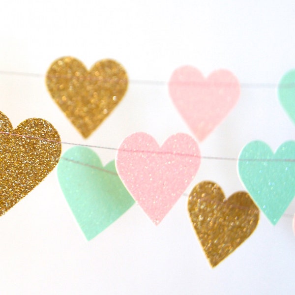 Hearts Glitter Paper Garland in Gold, Blush and Mint, Double-Sided, Bridal Shower, Baby Shower, Party Decorations, Birthday Decoration