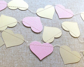 Gold and Glitter Pink Heart Paper Garland, Double-Sided, Bridal Shower, Baby Shower, Party Decorations, Birthday Decoration