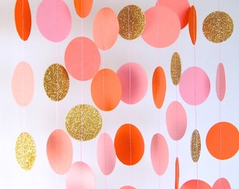 Garland, Paper Garland in Blush Pink, Orange, Coral and Gold, Double-Sided, Bridal Shower, Baby Shower, Party Decorations, Birthday Decor