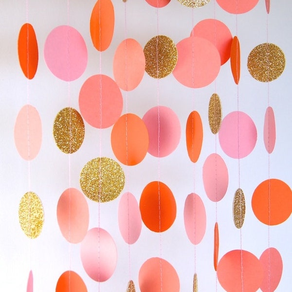 Garland, Paper Garland in Blush Pink, Orange, Coral and Gold, Double-Sided, Bridal Shower, Baby Shower, Party Decorations, Birthday Decor