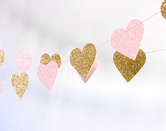 Hearts Garland, Glitter Paper Garland, Gold and Pink, Gold and Blush, Bridal Shower, Baby Shower, Pink and Gold Birthday, Pink Gold Party