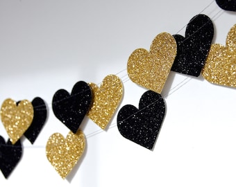 Oro y negro corazón guirnalda, oro y noir, ducha nupcial, decoraciones de fiesta, decoración de cumpleaños