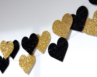 Gold and Black Heart Garland, Gold and Noir, Bridal Shower, Party Decorations, Birthday Decor