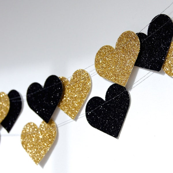 Gold and Black Heart Garland, Gold and Noir, Bridal Shower, Party Decorations, Birthday Decor