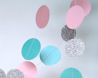 Garland in Teal, Blush and Glitter Silver, Double-Sided, Bridal Shower, Baby Shower, Party Decorations, Birthday Decor