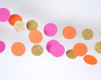 Paper Garland in Hot Pink, Orange and Gold, Double-Sided, Bridal Shower, Baby Shower, Party Decorations, Birthday Decoration