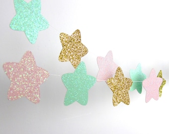 Twinkle, Twinkle Little Star Stars Garland, Gold, Blush and Mint Glitter Garland