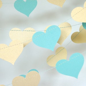 Gold Hearts Garlands, Gold and Teal Blue, Turquoise and Gold, Double-Sided, Bridal Shower, Party Decorations, Birthday Decoration image 1