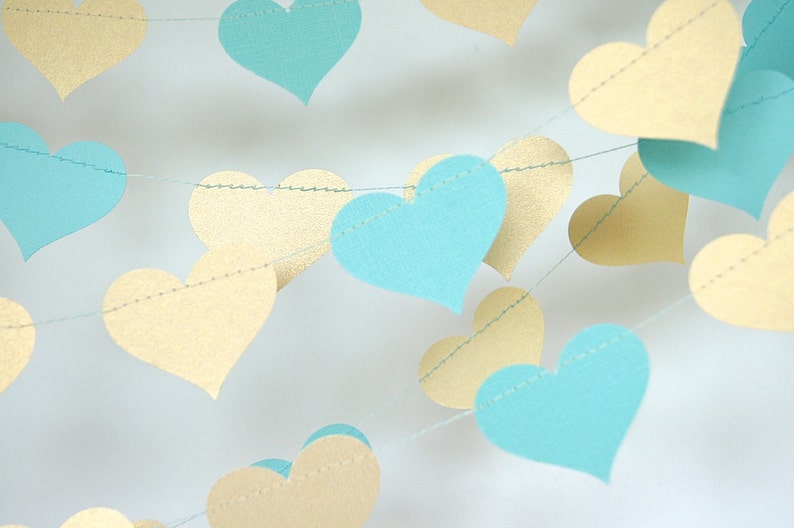 Gold Hearts Garlands, Gold and Teal Blue, Turquoise and Gold, Double-Sided, Bridal Shower, Party Decorations, Birthday Decoration image 1