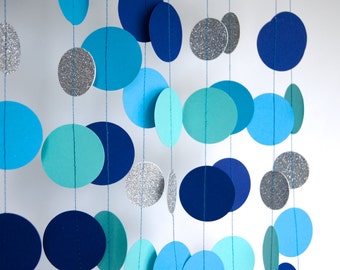 Boy Birthday Garland, It's a Boy Party, Paper Garland in Aqua, Blue, Navy and Silver, Double-Sided, Baby Shower, Birthday Decoration