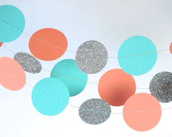 Teal, Coral and Glitter Silver Garland, Double-Sided, Bridal Shower, Baby Shower, Party Decorations, Birthday Decor