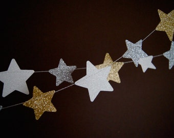 Twinkle, Twinkle Little Star, Stars Glitter Paper Garland, Gold,  Silver and White