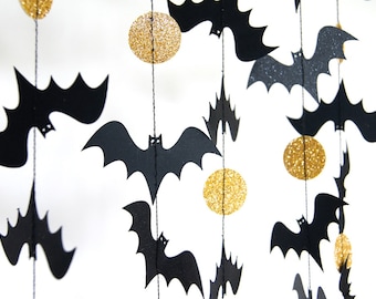 Halloween Garland, Bat Garland, Paper Garland in Black and Gold