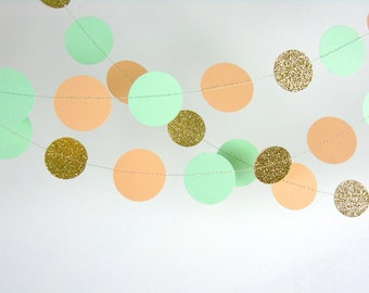 Paper Garland in  Peach, Mint and Gold, Double-Sided, Bridal Shower, Baby Shower, Party Decorations, Birthday Decoration