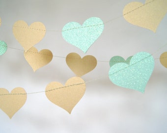 Gold and Glitter Mint Heart Paper Garland, Double-Sided, Bridal Shower, Baby Shower, Party Decorations, Birthday Decoration