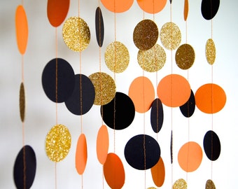 Halloween Garland, Paper Garland in Black, Orange and Gold, Double-Sided, Bridal Shower, Baby Shower, Party Decorations, Birthday Decoration