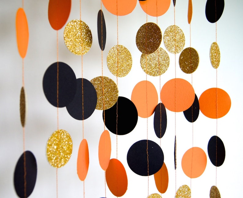 Halloween Garland, Paper Garland in Black, Orange and Gold, Double-Sided, Bridal Shower, Baby Shower, Party Decorations, Birthday Decoration image 1