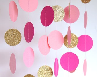 Pink Gold Party, Paper Garland in Hot Pink, Rose, Double-Sided, Bridal Shower, Baby Shower, Pink Gold Birthday