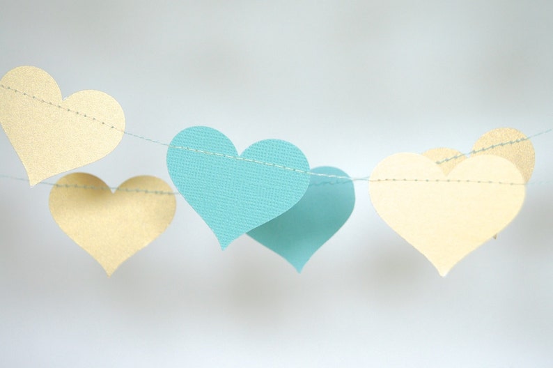 Gold Hearts Garlands, Gold and Teal Blue, Turquoise and Gold, Double-Sided, Bridal Shower, Party Decorations, Birthday Decoration image 5