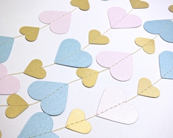 Gold Hearts Paper Garland,  20 Colors to Choose, Double-Sided, Bridal Shower, Baby Shower, Party Decorations, Birthday Decor, Gold Party
