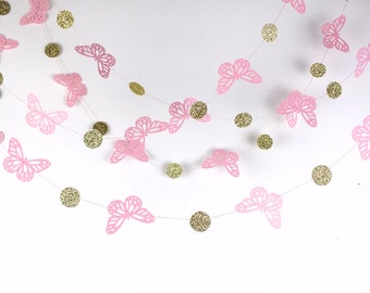 Gold and Pink Butterfly Paper Garland, Double-Sided, Bridal Shower, Baby Shower, Party Decorations, Birthday Decoration