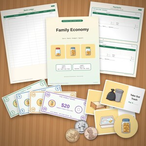 Peut inclure: Un kit de système d'argent familial imprimable comprenant une fiche d'instructions Family Economy, des registres bancaires, des formulaires de paie, des billets de jeu de 1, 5, 10 et 20, des cartes de corvées et des pièces américaines.