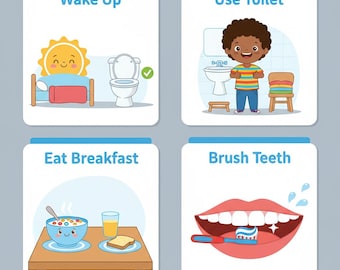 Puede incluir: Un gráfico educativo de cuatro paneles con encabezados azules. El primer panel muestra un sol y un inodoro con el texto Wake Up. El segundo muestra a un niño en un baño con el texto Use Toilet. El tercero muestra cereales y tostadas con el texto Eat Breakfast. El cuarto muestra dientes con el texto Brush Teeth.