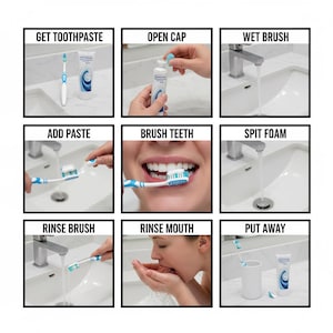 May include: Nine-panel image illustrating the steps of brushing teeth. The steps include getting toothpaste, opening the cap, wetting the brush, adding paste, brushing teeth, spitting foam, rinsing the brush, rinsing the mouth, and putting away the items.