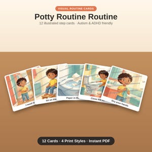 Könnte beinhalten: Ein Set aus fünf quadratischen visuellen Routinekarten mit dem Titel Potty Routine Routine und 12 illustrierten Schrittkarten. Jede Karte zeigt ein Cartoon-Kind in einem Badezimmer mit Texten wie I need to, Sit on the, Paper in the, Close the und Dry your hands.