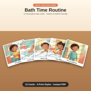 May include: A set of 12 visual routine cards titled Bath Time Routine, featuring illustrated step cards for children. The cards show scenes of a child preparing for a bath, checking water, washing, playing with a rubber duck, and putting on pajamas.