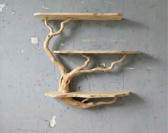 Pływająca półka na książki z drewna dryftowego, unikatowy, ręcznie robiony mebel do salonu