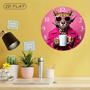 May include: A round wall clock with a pink background features a cheetah wearing pink sunglasses and a pink coat, holding a white mug. The clock hands are black, and the numbers are white. The clock is mounted on a yellow wall.