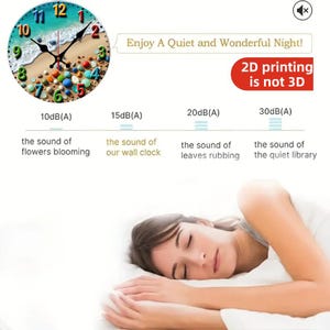 May include: A round wall clock with a beach scene design. The clock face features colorful stones, sand, and ocean waves. The clock hands are black. Text on the image reads "Enjoy A Quiet and Wonderful Night!" and "2D printing is not 3D."